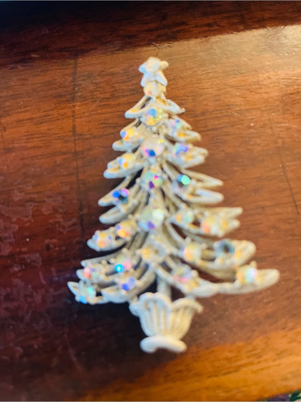 Iridescent White Christmas Tree Pin - Holiday Ornament Brooch